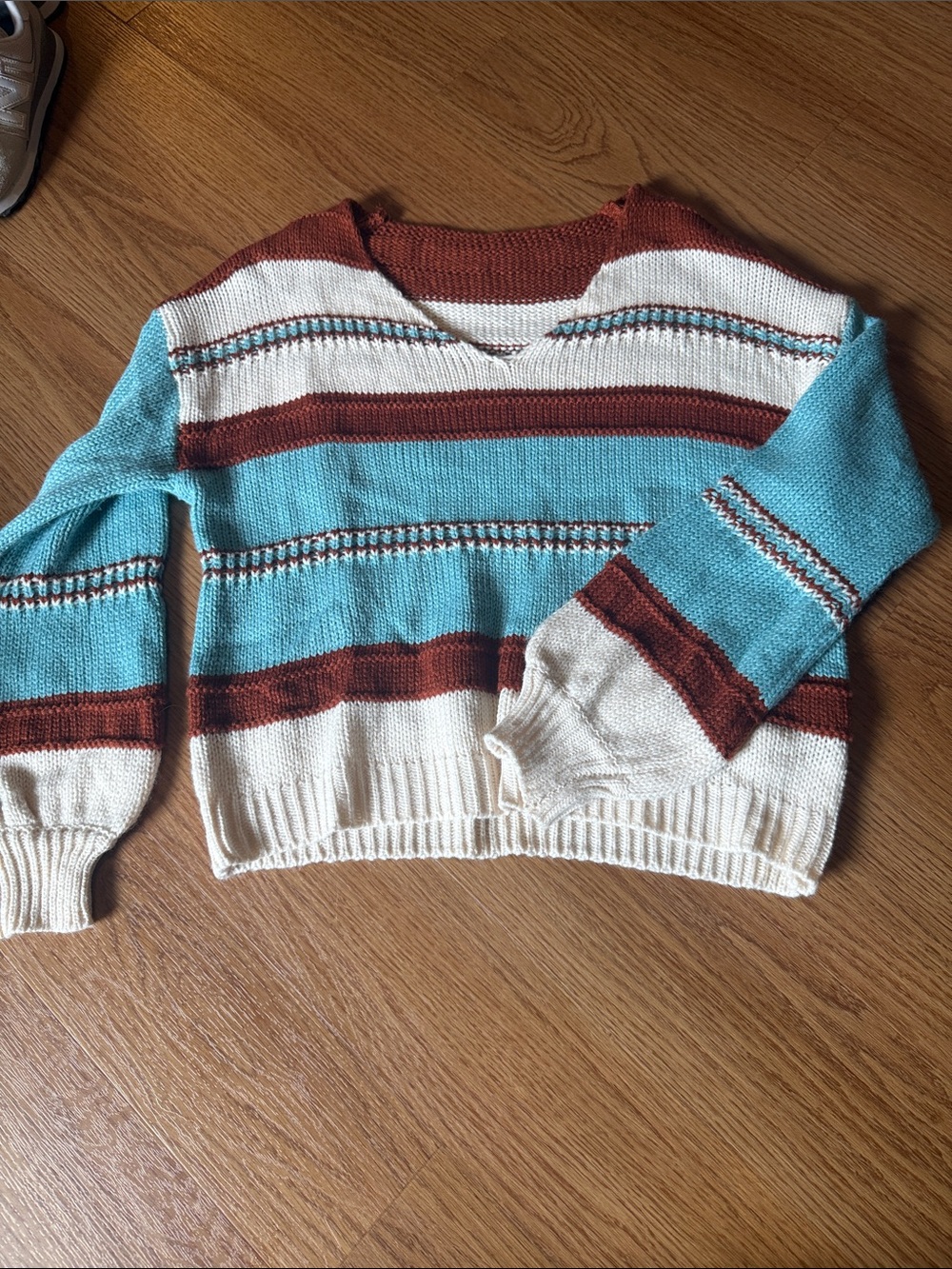 Striped V-Neck Sweater in Turquoise, Rust & Cream